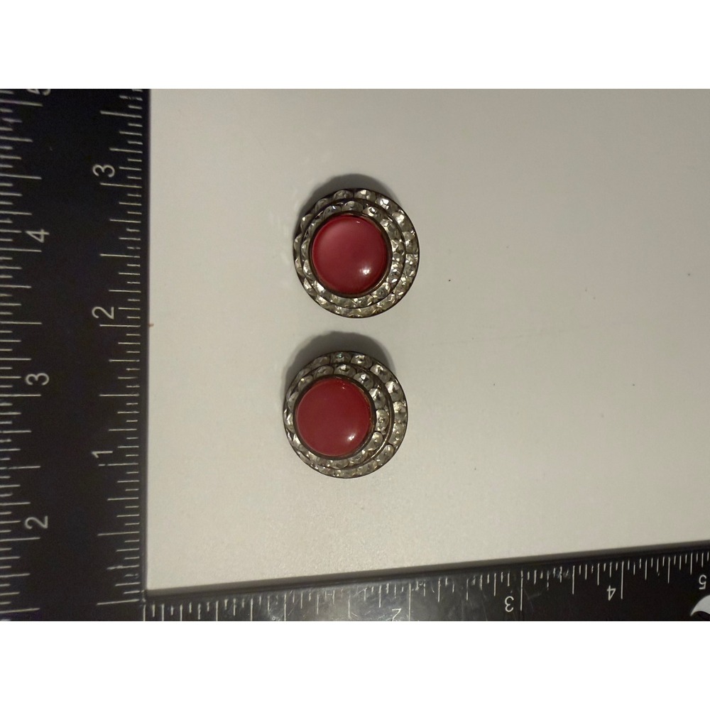 Vintage Lisner Red Cabochon Rhinestone Clip On Earrings Silver Tone Mid‎ Century